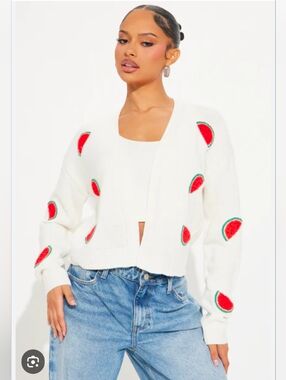 Nwot No Comment White Watermelon Embroidered Slightly Cropped Cardigan Sweater L